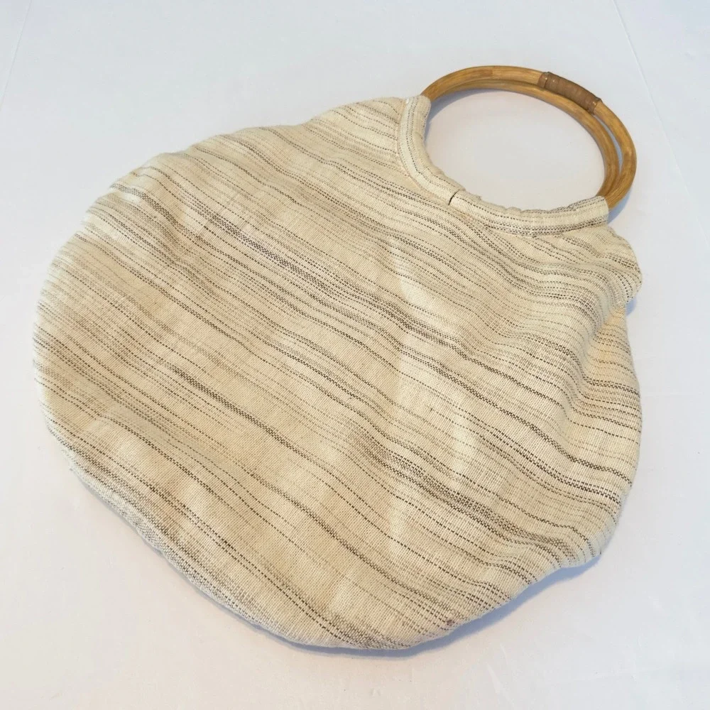 Boho Woven Stripe Tote Bag Gold‎ Sequin Fringe Bamboo Ring Handle Cream Beige